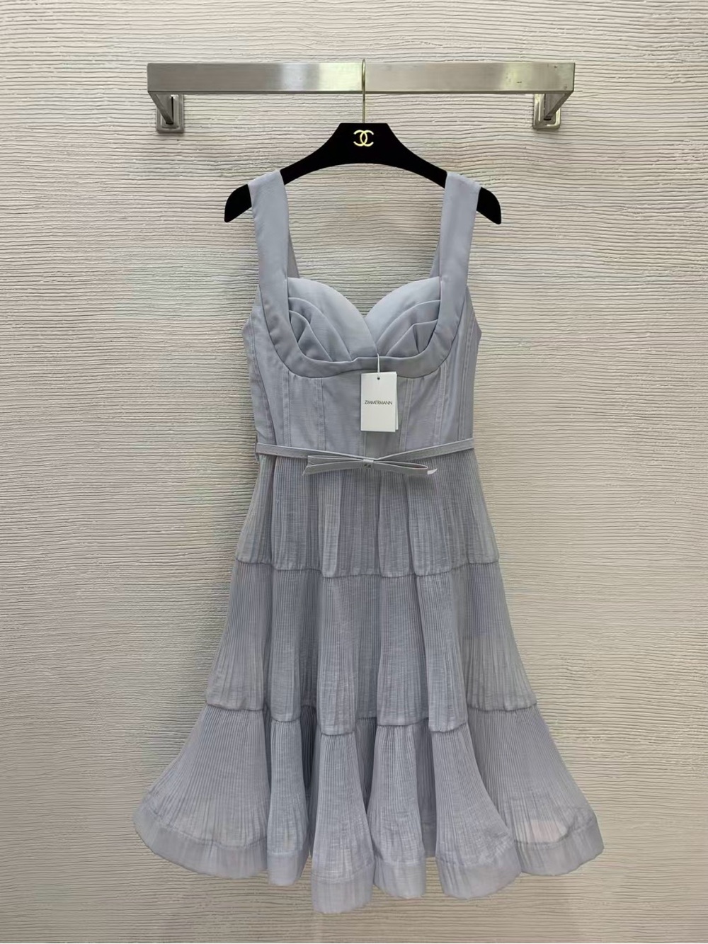 Zimmermann Light Gray Pleated Tiered Midi Dress